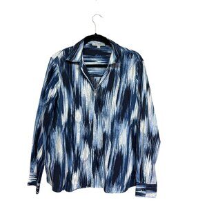 Foxcroft Blue Watercolor Long Sleeve Cotton Blouse Plus Size 18W